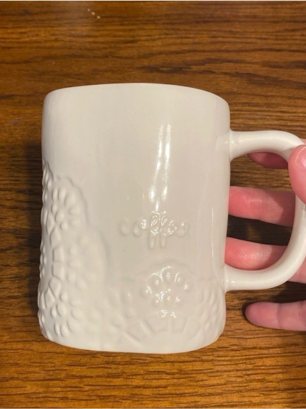Rae Dunn COFFEE Mug White Embossed Floral Lace Textured Ceramic Magenta Cup